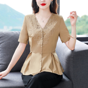 RM14050#设计感绣花衬衫女短袖v领气质时尚衬衣别致显瘦上衣2023夏季
