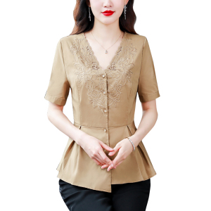 RM14050#设计感绣花衬衫女短袖v领气质时尚衬衣别致显瘦上衣2023夏季
