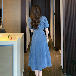 RM9952#法式复古牛仔连衣裙撞色露腰泡泡袖小心机夏季设计感显瘦茶歇长裙