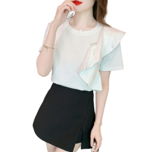 RM10185#欧洲站夏季新款真丝拼接T恤短袖时尚气质上衣女洋气