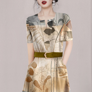 RM11714#时尚V领印花连衣裙2023女新款夏季气质系带显瘦中长裙子
