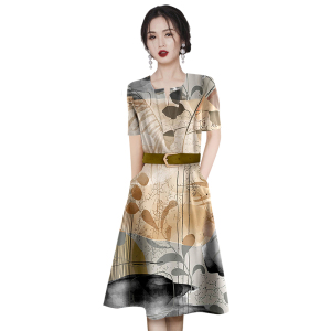 RM11714#时尚V领印花连衣裙2023女新款夏季气质系带显瘦中长裙子