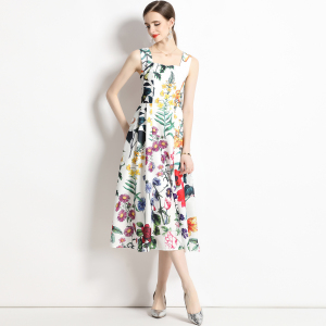 RM11617#法式复古印花高腰吊带连衣裙