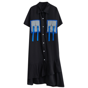 RM14117#夏季新款复古时尚口袋拼贴中长款显瘦荷叶边衬衫连衣裙