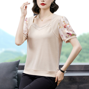 RM9906#夏季新款印花拼接时尚短袖小衫烫钻显瘦上衣女
