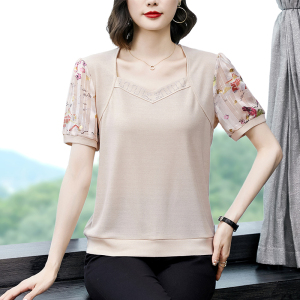 RM9906#夏季新款印花拼接时尚短袖小衫烫钻显瘦上衣女