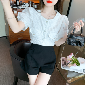 RM10568#夏季新款泡泡袖小香风镶钻雪纺衫衬衫韩版气质短袖小衫