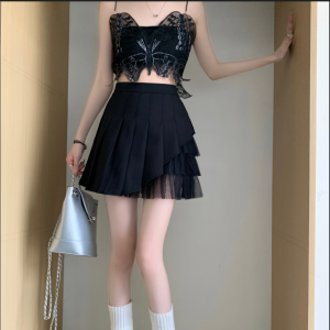 RM11498#黑色网纱百褶裙高腰a字显瘦半身裙女夏季2023新款小个子短裙