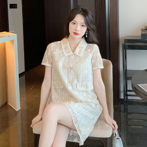 RM9948#夏装新款韩版娃娃领短袖宽松裙子女镂空蕾丝小香风气质连衣裙
