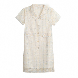 RM9948#夏装新款韩版娃娃领短袖宽松裙子女镂空蕾丝小香风气质连衣裙