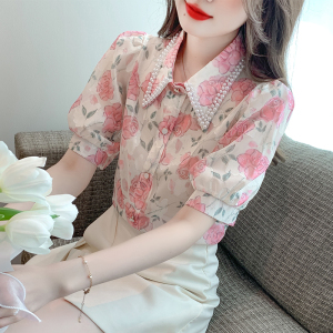 RM18566#重工艺钉珠雪纺衫2023夏季新款设计感碎花刺绣泡泡袖上衣女