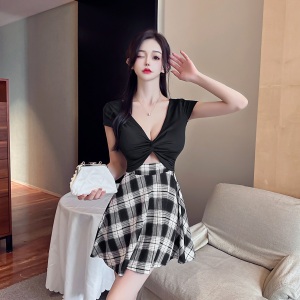 Hollow out plaid color contrast large swing dress with off shoulder and navel exposed short skirt