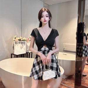 Hollow out plaid color contrast large swing dress with off shoulder and navel exposed short skirt