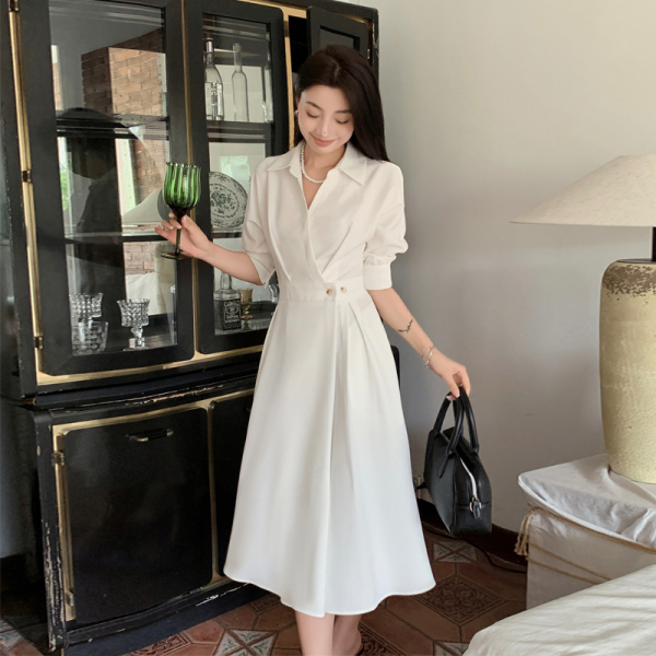 RM10903#夏季新款白色中长款连衣裙高腰修身显瘦气质裙子女