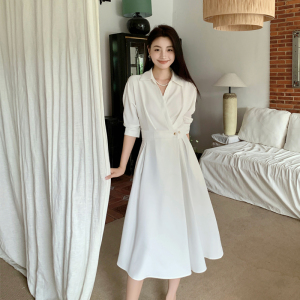 RM10903#夏季新款白色中长款连衣裙高腰修身显瘦气质裙子女