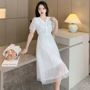 RM10402#蕾丝连衣裙女2023夏装新款v领泡泡短袖气质初恋白色裙子