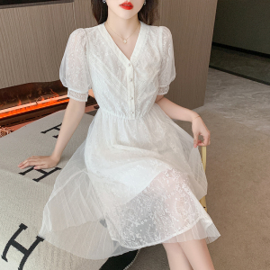 RM10402#蕾丝连衣裙女2023夏装新款v领泡泡短袖气质初恋白色裙子