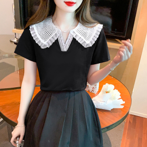 TR35939# 花边镂空娃娃领拼接短袖t恤女夏季新款设计感别致气质上衣 服装批发女装服饰货源