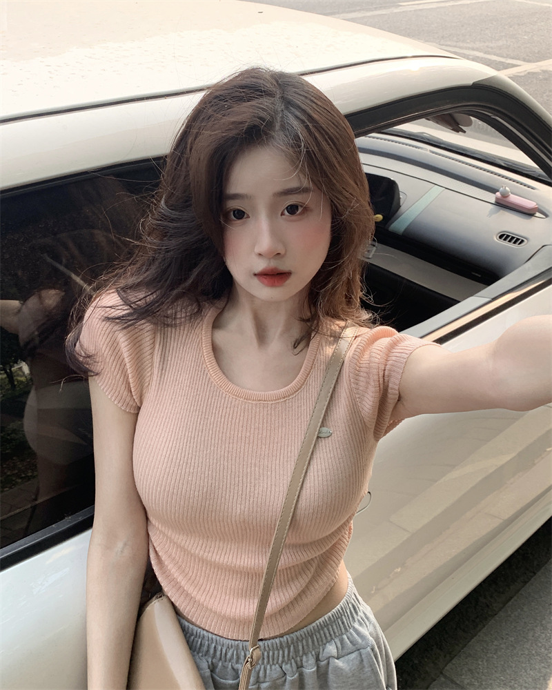 Real shot 2024 new summer style simple sweet and spicy style slim-fitting sweater versatile short-sleeved women's T-shirt top