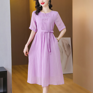 RM11620#夏季新款紫色苎麻圆领复古文艺气质收腰显瘦高端棉麻飘逸裙子