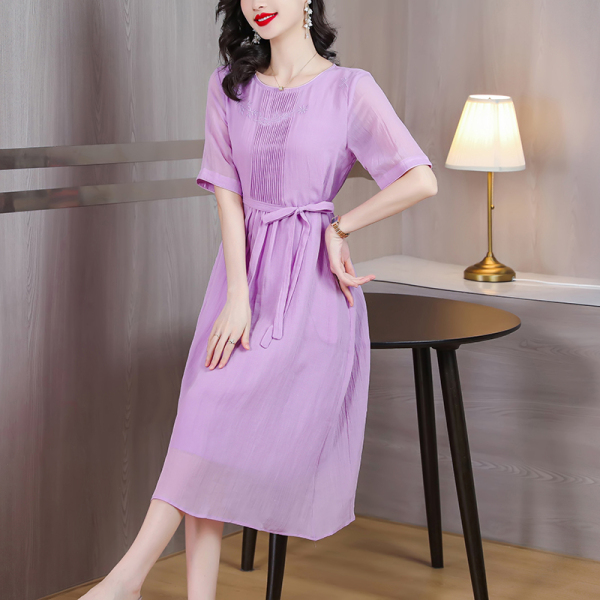 RM11620#夏季新款紫色苎麻圆领复古文艺气质收腰显瘦高端棉麻飘逸裙子
