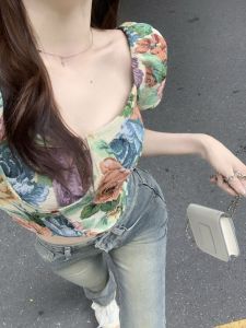 RM9896#三标齐花卉泡泡袖上衣