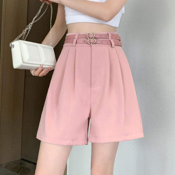 RM9943#垂感双腰带粉色短裤女夏宽松新款外穿西装裤休闲裤高腰百搭