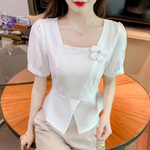 RM11603#夏季新款甜美方领短袖雪纺衬衫女时尚减龄别致小衫泡泡袖上衣