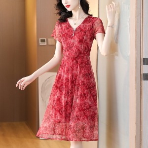 RM10054#夏季新款短袖印花连衣裙网纱妈妈装透气收腰显瘦