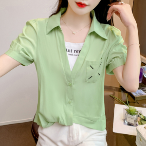 RM11604#夏季新款韩版宽松假两件拼接短袖雪纺衬衫女设计感小众上衣