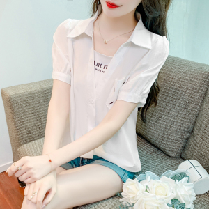 RM11604#夏季新款韩版宽松假两件拼接短袖雪纺衬衫女设计感小众上衣