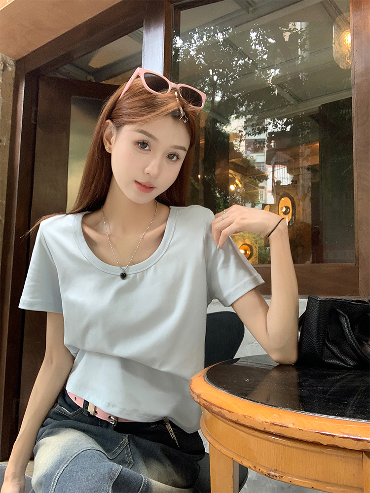 Real shot of Korean chic wearing a simple U-neck multi-color solid T-shirt top in summer
