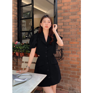 RM10779#夏季新款法式优雅天丝雪纺拼接衬衫裙子短袖连衣裙女