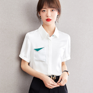 RM21017#夏季新款短袖时尚通勤撞色口袋简约衬衣女士衬衫