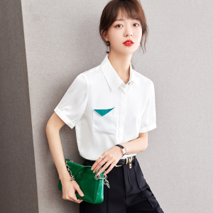 RM21017#夏季新款短袖时尚通勤撞色口袋简约衬衣女士衬衫