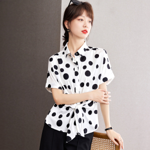 RM21018#夏季设计感波点短袖系带宽松衬衫女法式气质上衣