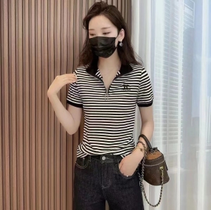 TR27535# 撞色POLO领条纹短袖夏季上衣女新款套头大码百搭T恤 女装批发服装批发货源