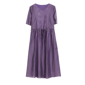 RM16035#气质连衣裙高级感紫色高端轻奢刺绣A字裙女高贵收腰长裙子