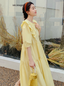 RM10167#奶油黄色娃娃领连衣裙女夏法式复古泡泡袖甜美温柔初恋仙女茶歇裙
