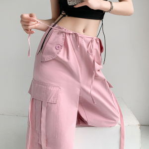 RM15536#粉色抽绳工装裤女2023夏季薄款宽松高腰显瘦束脚阔腿休闲长裤