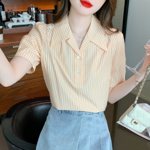 RM15801#夏新款条纹衬衫简约修身显瘦短袖法式休闲衬衣上衣女