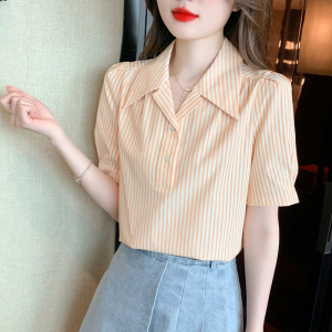 RM15801#夏新款条纹衬衫简约修身显瘦短袖法式休闲衬衣上衣女