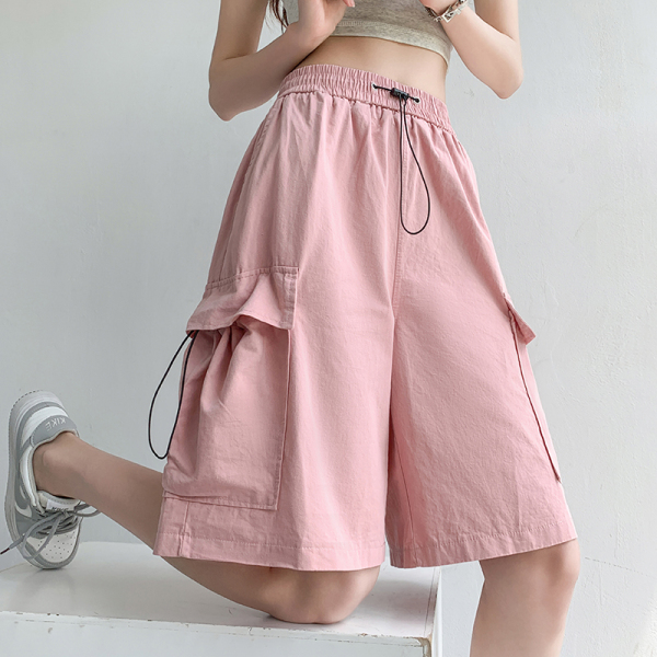 RM15537#粉色抽绳工装短裤女2023夏季高腰休闲宽松大口袋工装五分短...