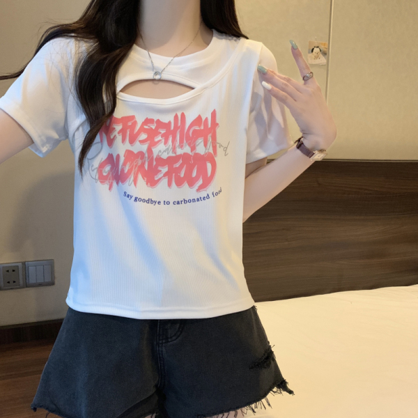 RM9751#大码女装美式辣妹镂空T恤女胖妹妹夏季设计感短袖上衣