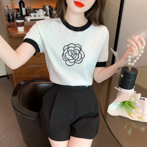 RM10569#夏季新款圆领套头针织T恤刺绣山茶花简约短袖气质百搭
