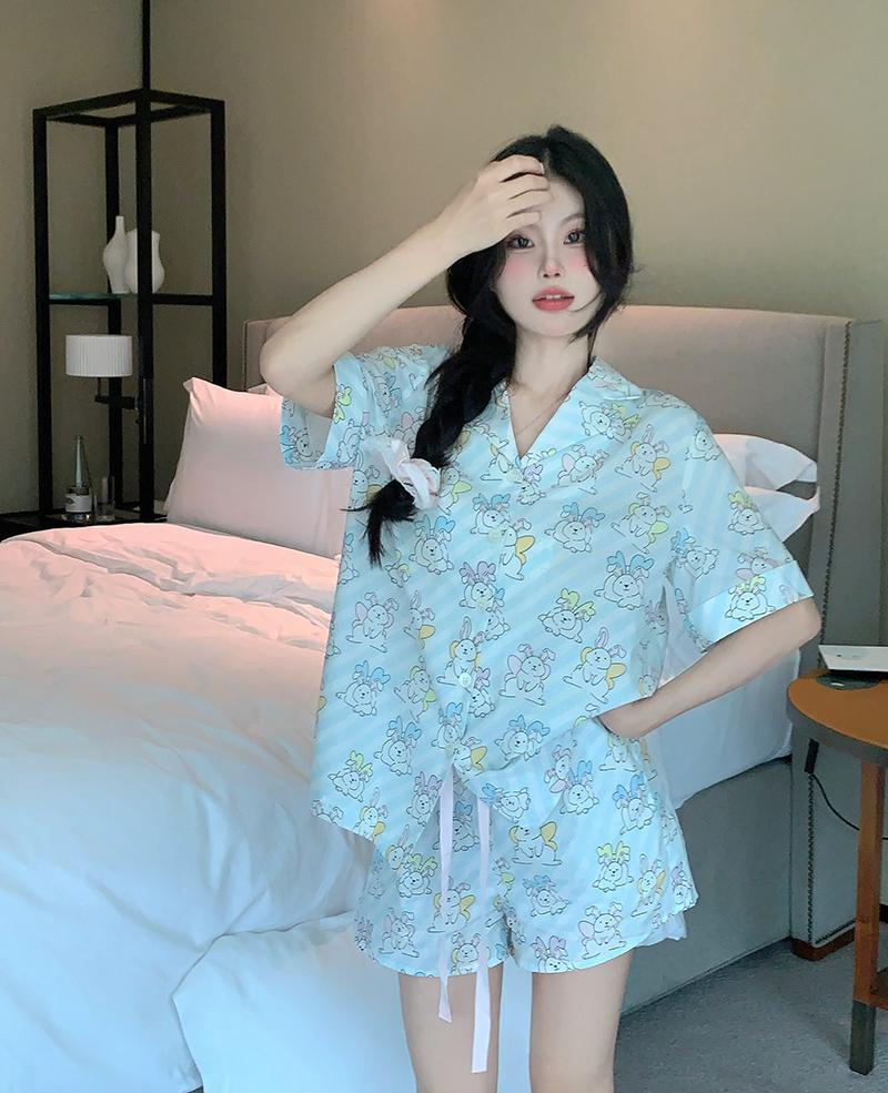 Actual shot of rabbit cartoon print pajamas set for women, summer style home wear two-piece set that can be worn outside