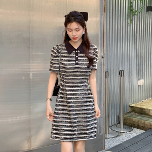 RM10784#夏季新款法式优雅重工针织提花裙子短袖条纹连衣裙女