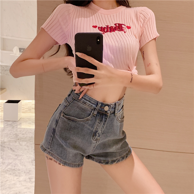 Real price!  Retro Hong Kong style simple and all-match high waist denim shorts slimming slim hot pants women's fashion