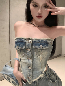 RM22027#夏季辣妹修身抹胸上衣破洞牛仔裤时尚套装