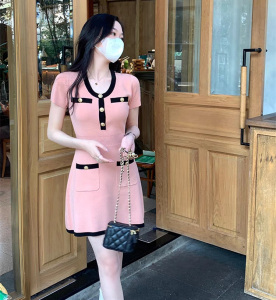 RM10181#巴黎小香风针织连衣裙女夏季新款高级感名媛气质粉色针织包臀裙女